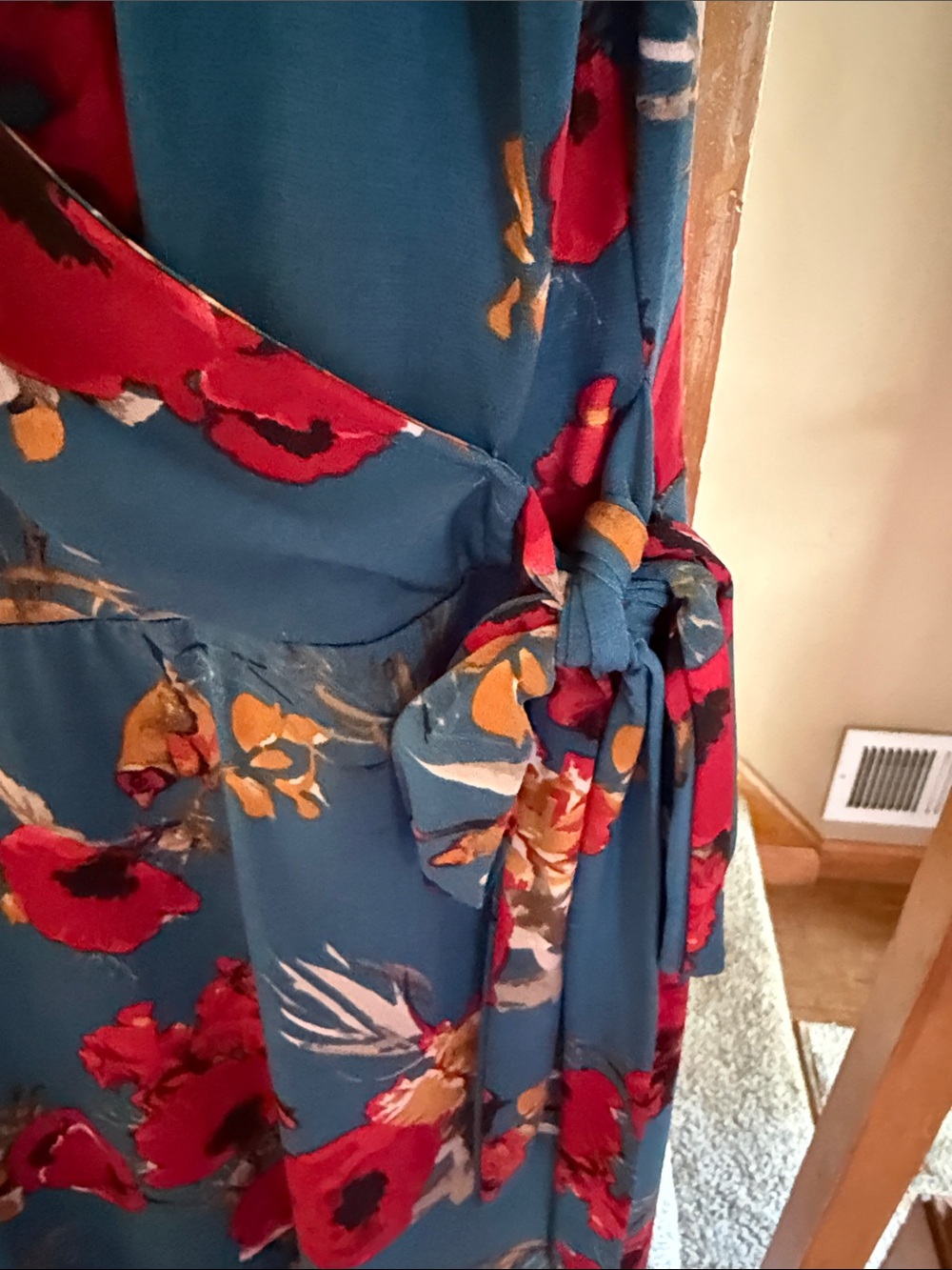 Teal Floral Wrap Dress with Red Bloom Print - Picture 6 of 8